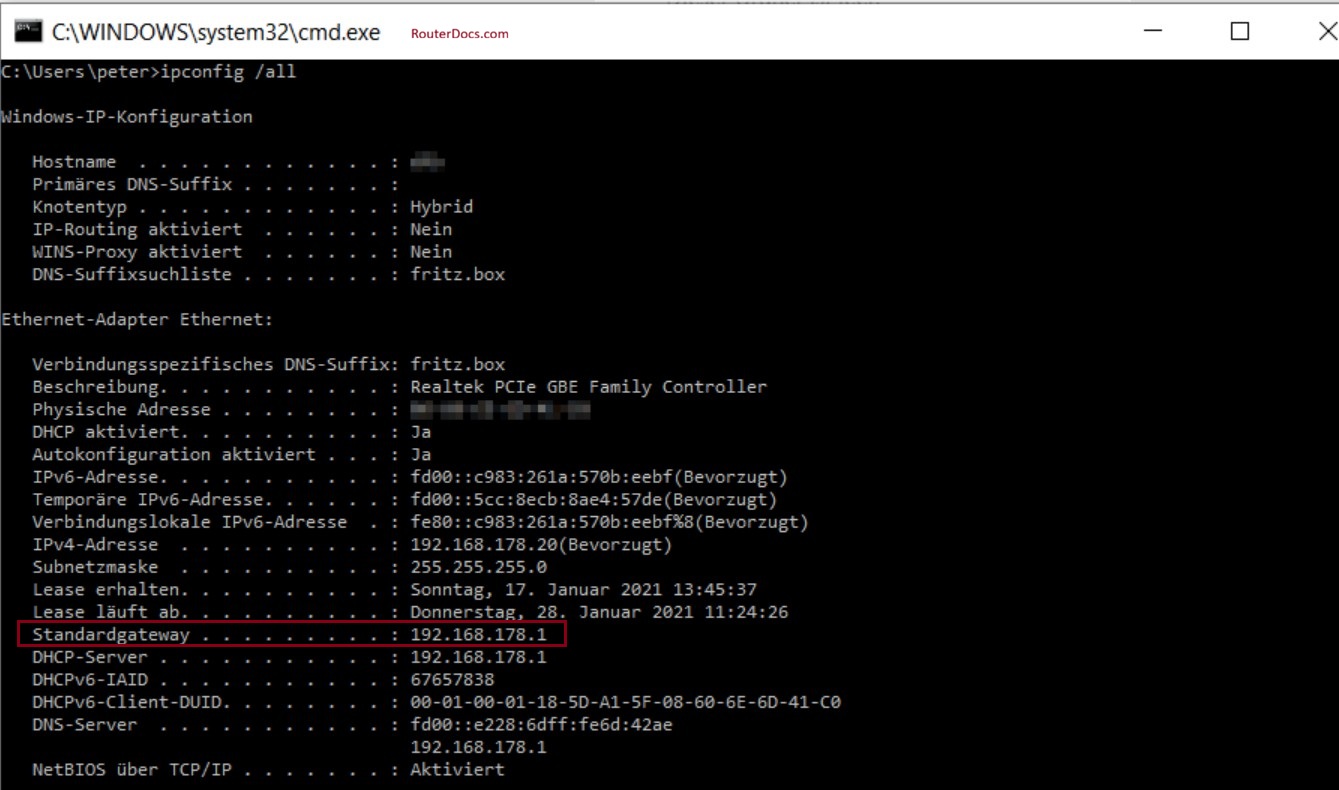 Windows Command Prompt showing the Default Gateway (router IP address) in the ipconfig /all output