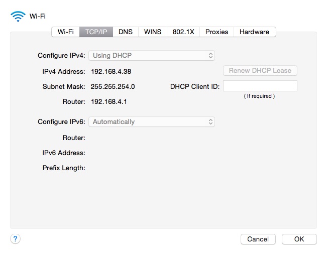 macOS Network TCP/IP settings showing the Router IP address