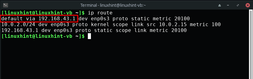 Linux terminal showing ip route output with default gateway (router IP)