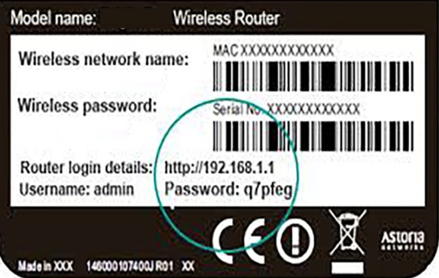 Router label showing login details