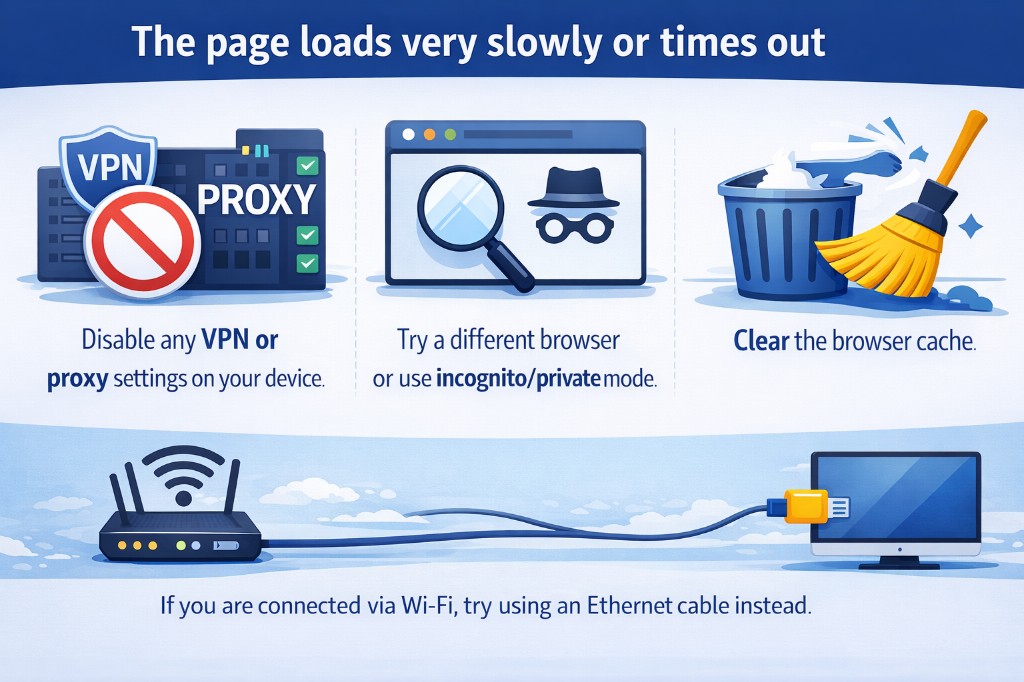 Common router troubleshooting steps: disable VPN, try a different browser, clear cache, use Ethernet
